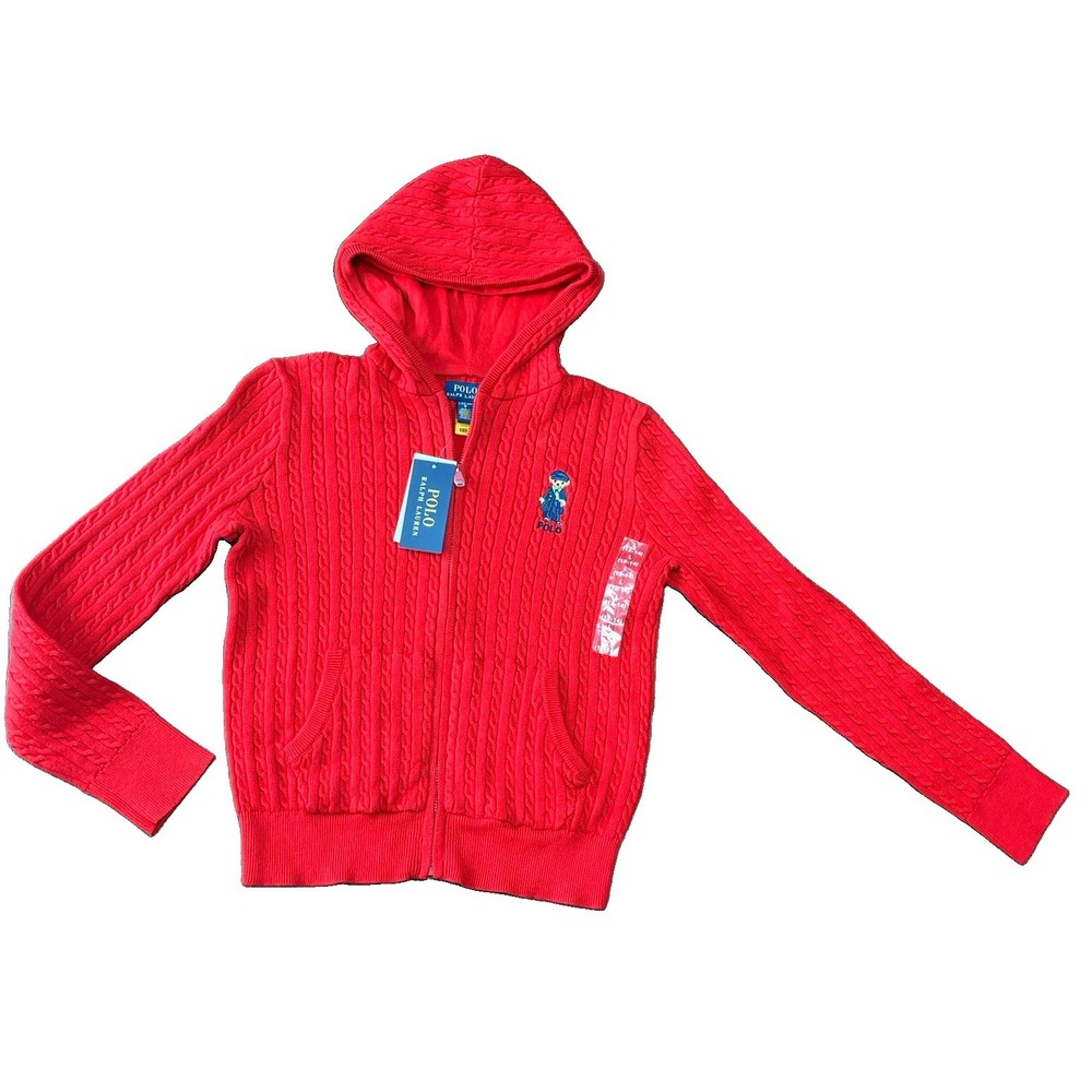 Polo Ralph Lauren Girls Large Red Cable Knit Cardigan Hoodie Full Zip Bear NWT